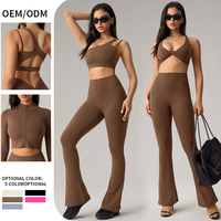 Ensembles de yoga en gros pour femmes, ensemble 2 pièces avec pantalon évasé et soutien-gorge de sport à maintien élevé, logo personnalisé, en nylon, pour la gym et l'entraînement