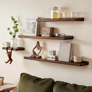 Mensola a Muro Senza Foratura, in Legno Massello di Noce Nero, Ripiani Dritti, Scaffale Moderno per Esposizione, Porta Spezie per <span class=keywords><strong>Soggiorno</strong></span> - Product Image 1