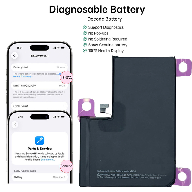 Replaceable Diagnostic Battery for iPhone 13ProMax 12 14Plus 15ProMax 100% Health No Pop-up Support Diagnosis Repair Battery