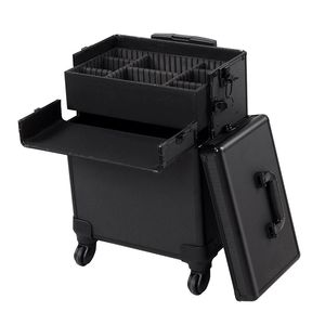 Keyson Custom Made Popular Multi-layer 2 in 1 Black Aluminum <strong>Trolley</strong> <strong>Make</strong> <strong>up</strong> case <strong>on</strong> 4 <strong>Wheels</strong> - Product Image 5