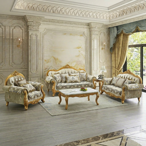 Juego de Sofás de Tela con Tallado en Madera de Estilo Chesterfield Clásico Europeo, Muebles para Sala de Estar - Product Image 1