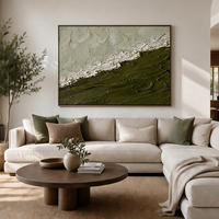 Peinture sur toile acrylique texturée artisanale minimaliste Wabi Sabi, vert olive et blanc, motif vague, paysage marin, cadre en aluminium