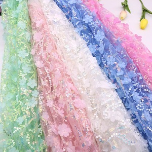 LS796ファッションカラフルな3Dスパンコール花びら刺Embroideryホワイトメッシュガーゼ生地子供服100% ポリエステルニット - Product Image 2