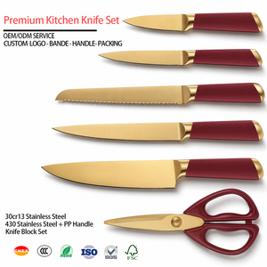 Küchenmesser-Set mit Block 7-teilig <span class=keywords><strong>Gold</strong></span> Titan Edelstahl-Messer Gummierter Griff Acryl-Block - Product Image 1