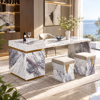 Table à manger intégrée en marbre blanc lilas de luxe léger avec tabourets et chaises assortis, design personnalisé, écologique et moderne