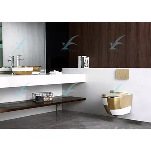 Sanitary ware bathroom set ocean wave design golden and white color decorative suspended wall hung toilet and basin set
