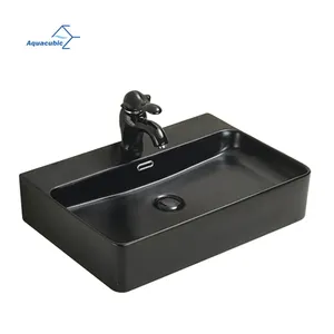Aquacubic Matte Black Bathroom Vessel Sink Above Counter Rectangular Ceramic Basin