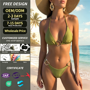 Costume da Bagno Bikini Halter da Donna Personalizzato con Logo, Scollo a V e Anello, Set Due Pezzi Estivo da Spiaggia di Alta Qualità - Product Image 1
