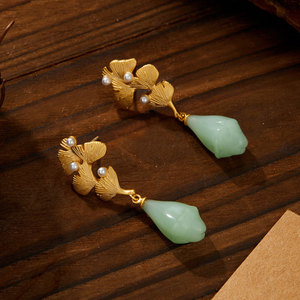 Three Lives With Apricots Ginkgo <b>Leaf</b> Drop Earrings <b>Light</b> Green Imitation Jade S925 Silver Needle Everyday Wear - Product Image 1