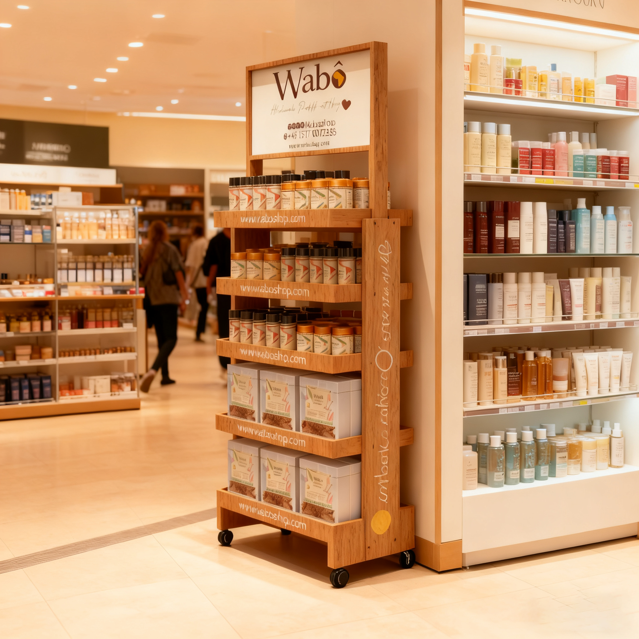 Apache Custom Multi-layer Easily Movable Skincare Wood Display Rack with Casters for Cosmetics and Skincare Stores — view 5