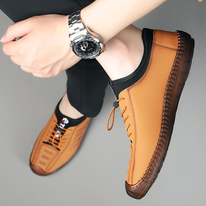 Mocassins en cuir décontractés pour hommes, marron, à enfiler, talon bas, cousus main, semelle souple, design tendance, origine Wenzhou - Product Image 2