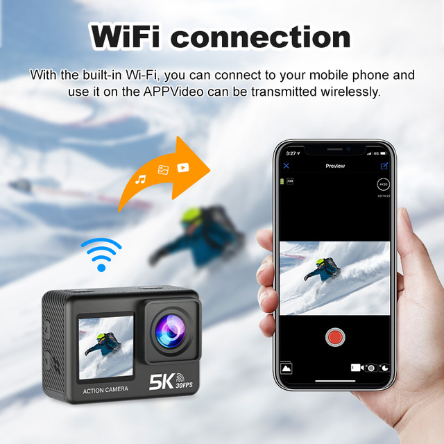 Waterproof 30m WiFi Touch Screen 5K 1080p 30fps Dual-screen MicroSD Sports Action Camera >40x Zoom 170 Wide Angle for Scuba