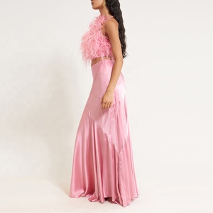 BAOLA Clothing Factory Women Amethyst Colored Air-satin and Adorned with Hand-placed Feathers Light <strong>pink</strong> Satin <strong>Silk</strong> <strong>Tops</strong> - Product Image 4