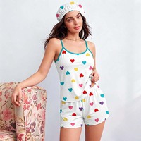 Set Pakaian Santai Bernapas untuk Wanita, Motif Hati, Terdiri dari Kemben, Celana Pendek, dan Penutup Kepala, Tiga Potong, Bahan Polyester Spandex