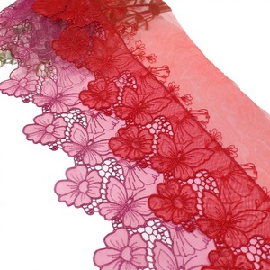 Encaje de borde bordado soluble en agua de alta calidad, morado, con diseño de mariposa y malla de flores rojas brillantes, ecológico y de lujo, de 17 cm. - Product Image 3