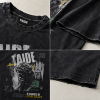 T-shirt TaiDe certifié GRS 250GSM délavé à l'acide, imprimé gothique Jésus Église, effet vieilli avant et arrière, bicolore, logo personnalisé, OEM ODM, vente en gros