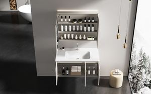Mueble de <span class=keywords><strong>Baño</strong></span> Flotante de Acero Inoxidable de Lujo, Color Blanco Cálido, con Triple <span class=keywords><strong>Espejo</strong></span> Deslizante, Tiradores Dorados y <span class=keywords><strong>Luz</strong></span> LED para <span class=keywords><strong>Baño</strong></span> Principal - Product Image 2