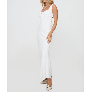 Vestido Largo Romántico Blanco con Tirantes con Volantes, Cuello Cuadrado, Espalda Descubierta con Lazo, Vestido Largo Fluido para Mujer, Ropa de Playa - Product Image 1