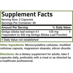 120 Capsules Végétariennes Ginkgo Biloba Extra Forte 125mg 500mg pour la Fonction Cérébrale et la Mémoire Capsules de Ginkgo Biloba - Product Image 6