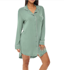 Chemise de nuit longue en bambou de couleur unie avec col rabattu et passepoil - Product Image 6