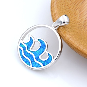 Joyería de Verano Hawaiana, Ópalo Azul, Collar con Colgante Redondo de la Gran <span class=keywords><strong>Ola</strong></span> de Kanagawa, Joyería de Playa - Product Image 2