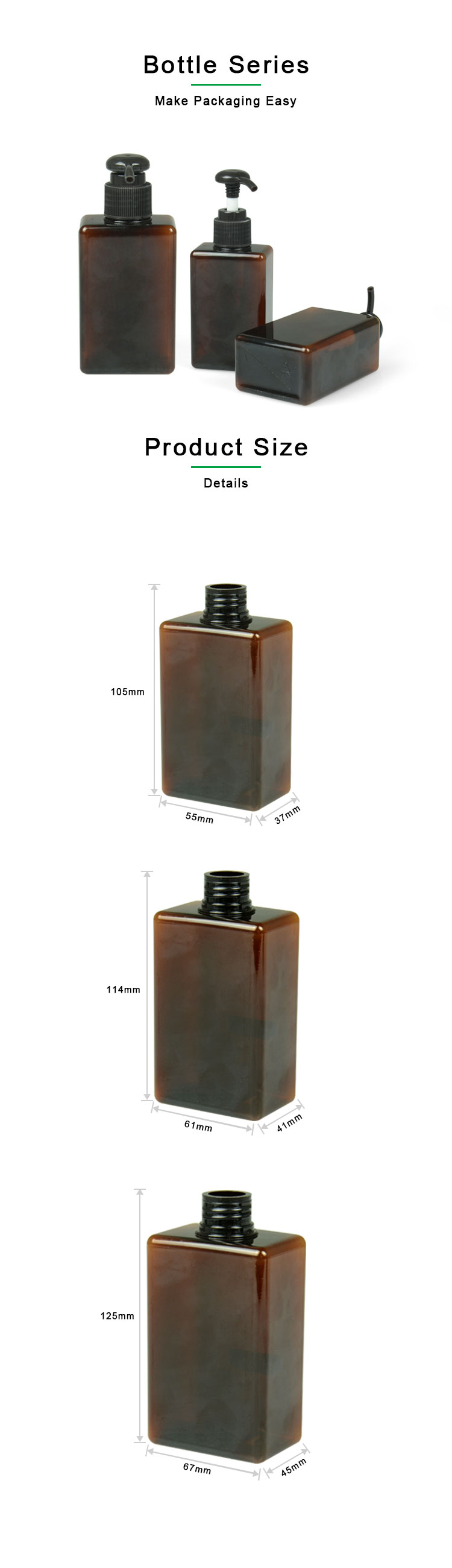 100ml 200ml 250ml Petg Cream Jar 24/410 Square Amber Shampoo Bottle