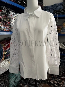 Camicie e Top da Donna Nuova Moda Europea <span class=keywords><strong>con</strong></span> Bottoni, <span class=keywords><strong>Pizzo</strong></span> Traforato, Patchwork, Maniche Lunghe, Tinta Unita, Blusa Casual da Donna - Product Image 6