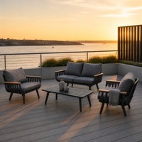 Ensemble de canapés d'extérieur modernes gris foncé et blanc en aluminium avec accoudoirs en bois et coussins imperméables pour patio, jardin, restaurant, salon