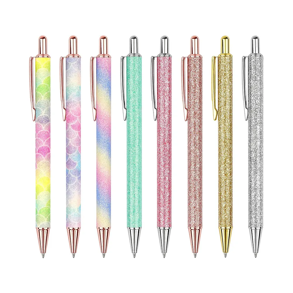 Click Ballpoint Pen Glitter Powder Leather Cover Ink Ballpen Glitter Floating Rose Gold Plastic Pen Girly Pretty Pens For Women