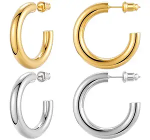 Anting-anting lapisan emas 14K, ringan pendek dan gemuk, anting-anting hoop emas wanita, penawaran langsung