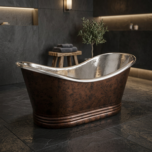 Freestanding Luxury Copper Bathtub Oval Polished Silver Interior <b>Chocolate</b> Exterior for Home & Hotel Use - Indian Home Crafts - Product Image 1