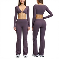 Setelan Yoga 2 Potong Wanita Kerah V Pinggang Tinggi Bahan Spandex/Nilon Tahan Lama Cepat Kering Bernapas Pakaian Fitness Model 4201