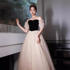 Art Exam Dress 2025 Autumn Champagne Color Patchwork Puff Sleeve Long Sister Dress Annual Meeting Performance Dress - Product Image 3