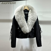 JANVENY 2024 nouveau hiver réel col en fourrure de renard Faux cuir veste courte femmes bras sangle fermeture éclair lâche chaud lavé PU cuir manteau