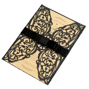 Новейшие лазерные открытки для свадебной вечеринки и индивидуализированные черные лазерные открытки для приглашений на день рождения с ленточным бантом