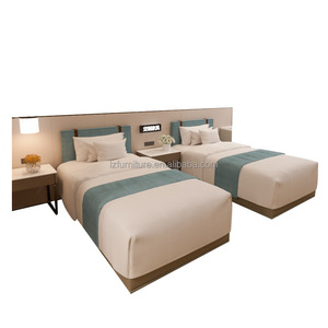 Ensemble de chambre double pour hôtel : 2 lits simples en MDF avec tête de lit en tissu et table de chevet assortie pour chambre d'hôtes 3 étoiles - Product Image 5