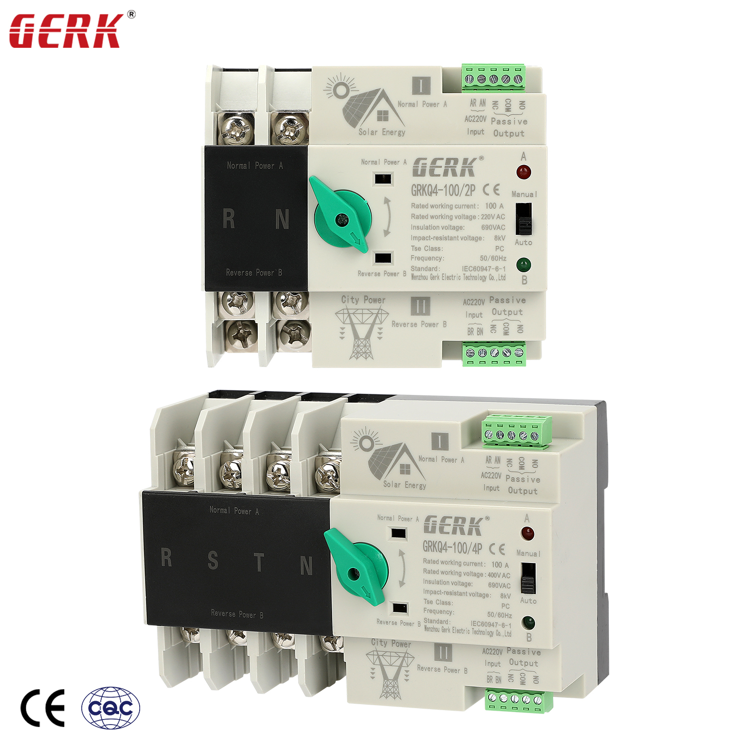 GERK GERKQ4-100A 2P 3P 4P Dual Power <strong>Automatic</strong> <strong>Transfer</strong> <strong>Switch</strong> (ATS) 63A/100A/125A Frame Current DIN Rail Mount <8ms <strong>Transfer</strong>