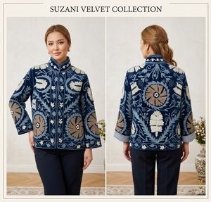 Hand Embroidered Velvet <b>Jacket</b> Women's <b>Mandarin</b> <b>Collar</b> Floral Pattern Full Sleeve Winter Elegant Style in Wholesale price - Product Image 2