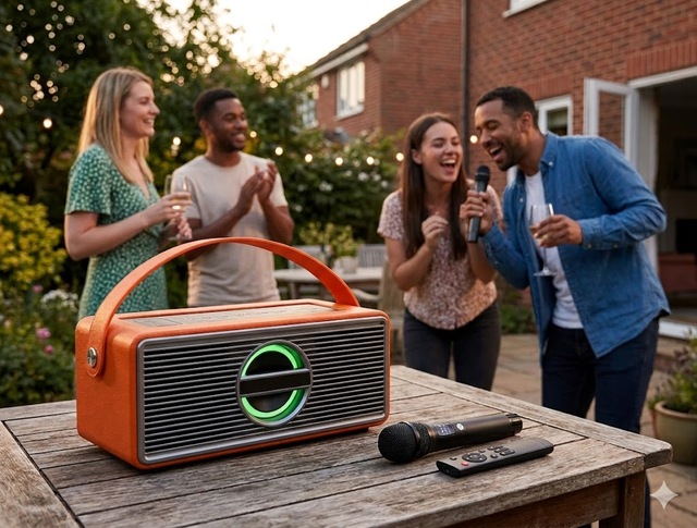 MOCO Prof 80W RMS Portable Karaoke Speaker System Wooden Cabinet 5-10 Hours Playtime BT Battery Powered