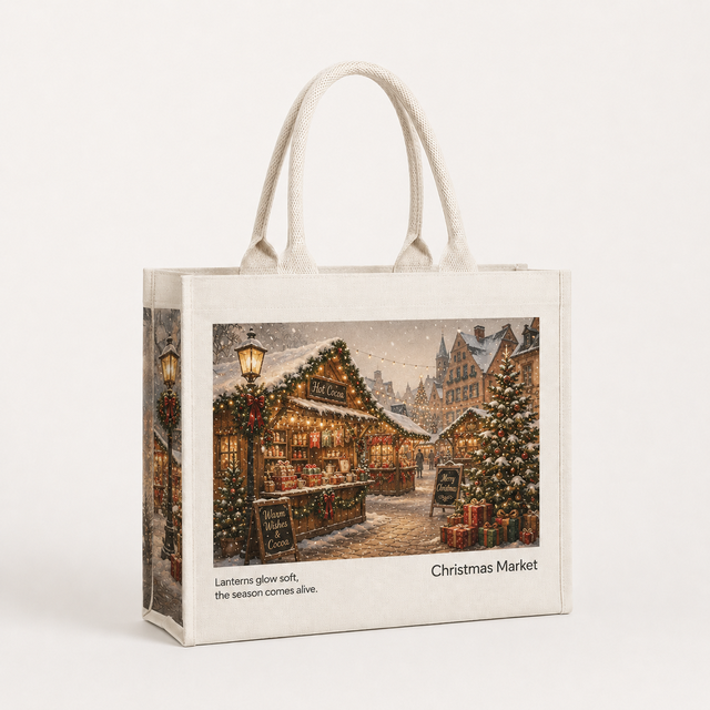 Washable Custom Cotton Canvas Christmas Market Tote Bag with Hot Cocoa Stall Snowy Village and Festive Tree Holiday Art