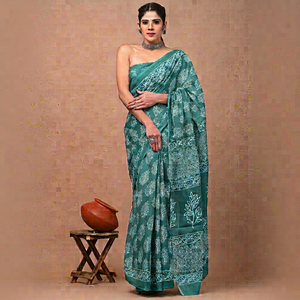 Sari indien en coton Mulmul imprimé à la main, vente en gros, 100% coton Mulmul, sari ethnique indien imprimé à la main - Product Image 1