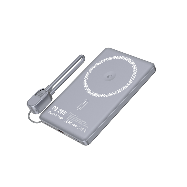 Factory Wholesale Mobile Power Bank 5000mah 15W Fast Charging Ultra Thin Magnetic Wireless Power Bank with Built in Cable