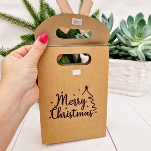 Рождественская вечеринка, крафт-коричневая бумага, рождественские подарочные пакеты, Экологичная Очаровательная сумка-переноска с ручным штампом, с ленточным галстуком