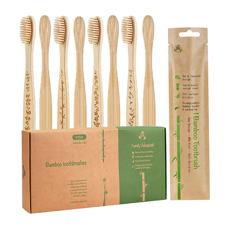 Cerdas de carbón de bambú biodegradables para adultos y niños, cepillo de dientes con logotipo personalizado, 100% orgánico, con funda