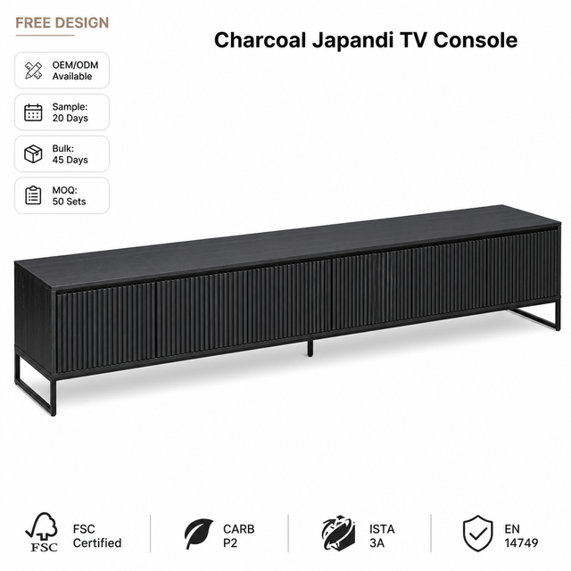 Custom Charcoal Black Fluted TV Stand Japandi Media Console Handle Free Cabinet OEM Wholesale Manufacturer