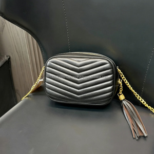 Luxury Vintage Designer V Quilted Leather Mini <b>Camera</b> Crossbody <b>Bag</b> with Zipper Closure Brand Inspired Tassel for Women - Product Image 5