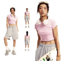 Haut court tricoté décontracté pour femme, brodé, uni, 235g, lavé, à manches courtes, sexy, respirant, séchage rapide, collection Printemps-Été