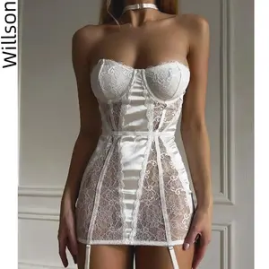 Lace Halter Erotic Dress See Through Super Mini Dresses Sissy Daring Bodycon Statin Patchwork Sexy Clothes
