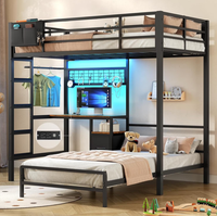 Lit superposé réglable en métal avec bureau, lumières LED, étagères de rangement et tiroirs, lit mezzanine taille double, cadre de lit sans sommier, noir