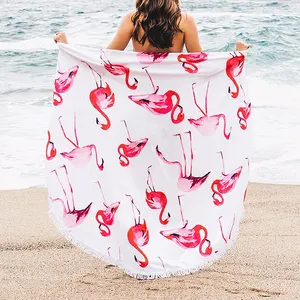 Motif flamant rose de luxe personnalisé imprimé microfibre éponge grande serviette de plage ronde